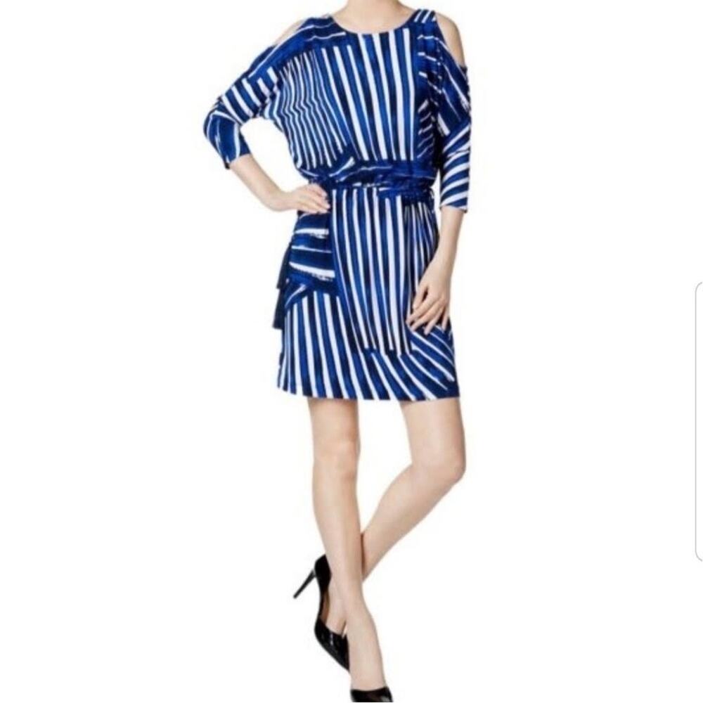 Calvin Klein blue and white abstract print cold shoulder jersey knit mini dress